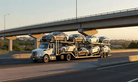 Car transporter with the Kapaa, Hawaii, United States skyline behind it