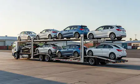 Car transporter loaded with vehicles in Kapolei, Hawaii, United States