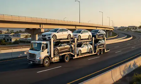 Car transporter with the Kapolei, Hawaii, United States skyline behind it