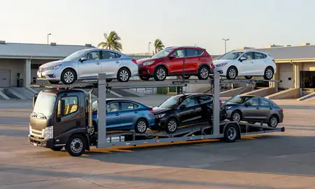 Car transporter loaded with vehicles in Kihei, Hawaii, United States