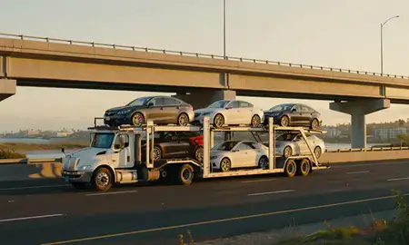 Car transporter with the Kihei, Hawaii, United States skyline behind it