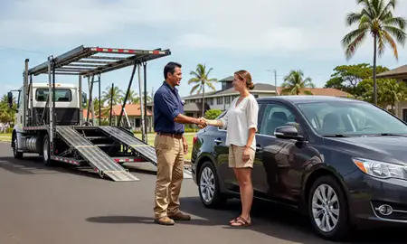 Vehicle owner beside their delivered car in Lahaina, Hawaii, United States