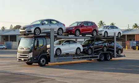 Car transporter loaded with vehicles in Lahaina, Hawaii, United States