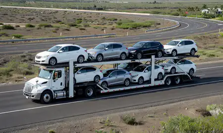 Multi-level car carrier on the highway to Maili, Hawaii, United States