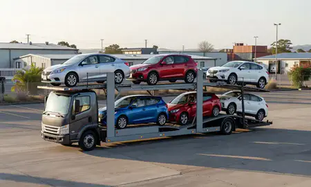 Car transporter loaded with vehicles in Maili, Hawaii, United States