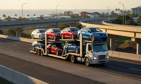 Car transporter with the Maili, Hawaii, United States skyline behind it