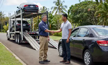 Vehicle owner beside their delivered car in Makakilo, Hawaii, United States