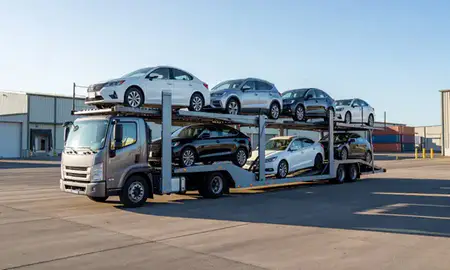 Car transporter loaded with vehicles in Makakilo, Hawaii, United States