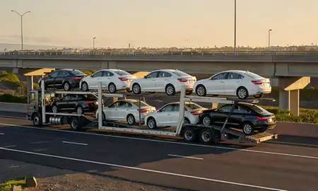 Car transporter with the Mililani Mauka, Hawaii, United States skyline behind it