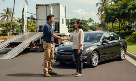 Vehicle owner beside their delivered car in Mililani Town, Hawaii, United States