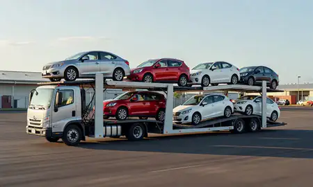 Car transporter loaded with vehicles in Mililani Town, Hawaii, United States