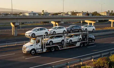 Car transporter with the Mililani Town, Hawaii, United States skyline behind it