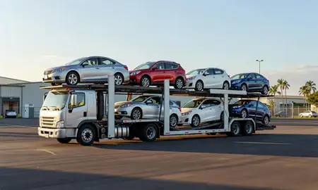 Car transporter loaded with vehicles in Nanakuli, Hawaii, United States