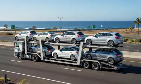 Multi-level car carrier on the highway to Ocean Pointe, Hawaii, United States