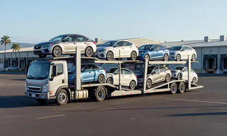 Car transporter loaded with vehicles in Ocean Pointe, Hawaii, United States