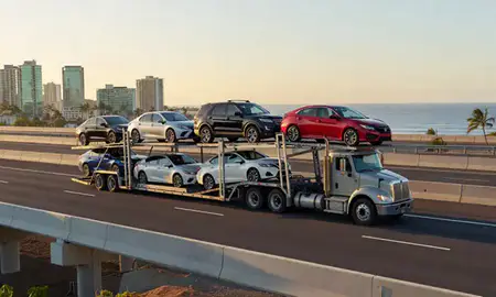Car transporter with the Ocean Pointe, Hawaii, United States skyline behind it