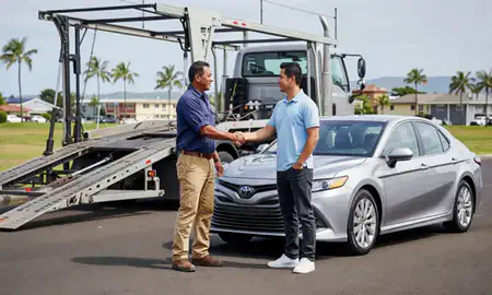 Vehicle owner beside their delivered car in Pearl City, Hawaii, United States