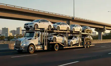 Car transporter with the Pearl City, Hawaii, United States skyline behind it