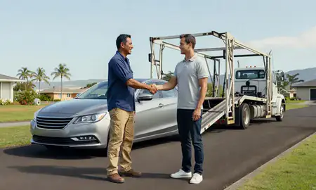 Vehicle owner beside their delivered car in Royal Kunia, Hawaii, United States