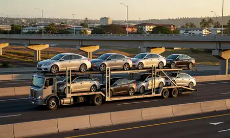 Car transporter with the Royal Kunia, Hawaii, United States skyline behind it