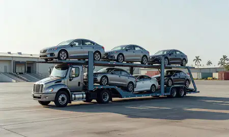 Car transporter loaded with vehicles in Schofield Barracks, Hawaii, United States