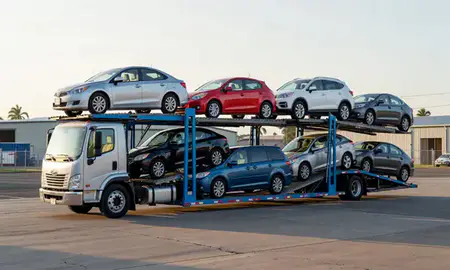 Car transporter loaded with vehicles in Wahiawa, Hawaii, United States