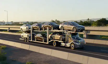 Car transporter with the Wahiawa, Hawaii, United States skyline behind it