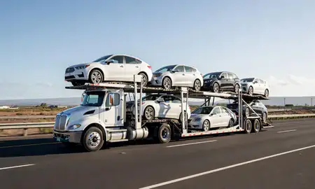 Multi-level car carrier on the highway to Waianae, Hawaii, United States