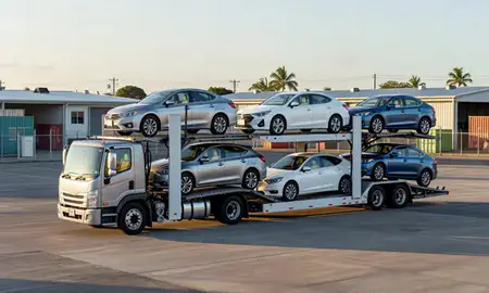 Car transporter loaded with vehicles in Waianae, Hawaii, United States