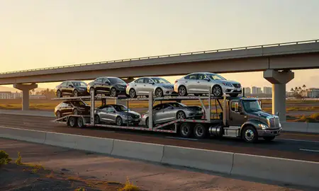 Car transporter with the Waianae, Hawaii, United States skyline behind it