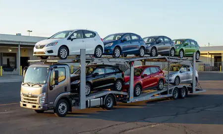 Car transporter loaded with vehicles in Waihee-Waiehu, Hawaii, United States