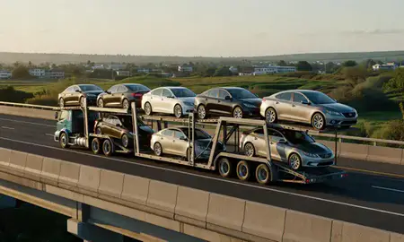 Car transporter with the Waihee-Waiehu, Hawaii, United States skyline behind it
