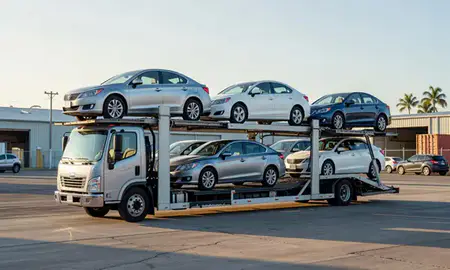 Car transporter loaded with vehicles in Wailuku, Hawaii, United States