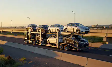 Car transporter with the Wailuku, Hawaii, United States skyline behind it