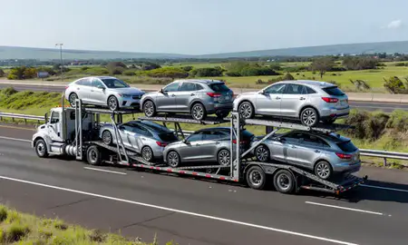 Multi-level car carrier on the highway to Waimalu, Hawaii, United States