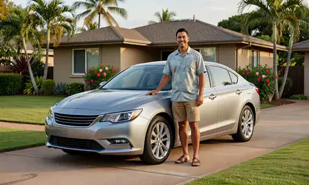 Customer with their delivered car in Waimalu, Hawaii, United States