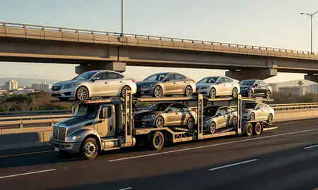 Car transporter with the Waimalu, Hawaii, United States skyline behind it