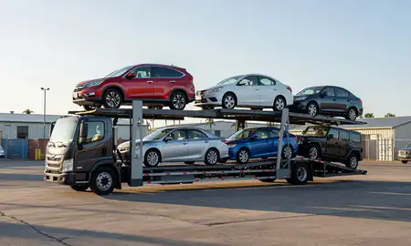 Car transporter loaded with vehicles in Waipahu, Hawaii, United States