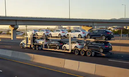 Car transporter with the Waipahu, Hawaii, United States skyline behind it