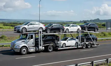 Multi-level car carrier on the highway to Waipio, Hawaii, United States
