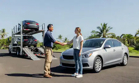 Vehicle owner beside their delivered car in Waipio, Hawaii, United States