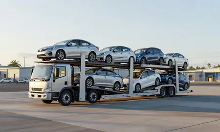 Car transporter loaded with vehicles in Waipio, Hawaii, United States