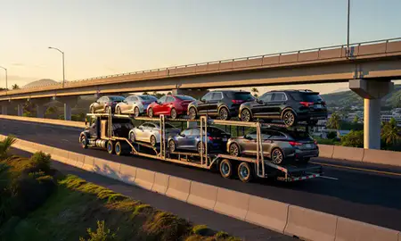 Car transporter with the Waipio, Hawaii, United States skyline behind it