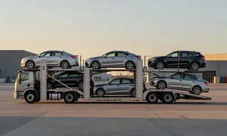 Car transporter parked in an industrial area of Idaho, United States