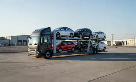 Car transporter loaded with vehicles in Idaho, United States