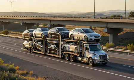 Car transporter with the Idaho, United States skyline behind it
