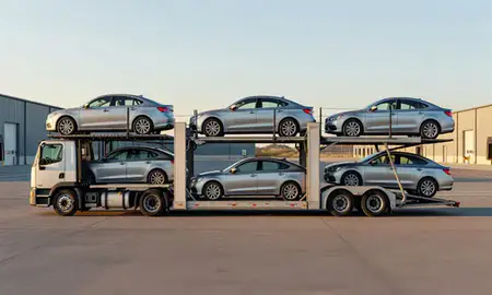 Car transporter parked in an industrial area of Ammon, Idaho, United States