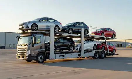 Car transporter loaded with vehicles in Ammon, Idaho, United States