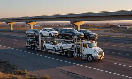 Car transporter with the Ammon, Idaho, United States skyline behind it