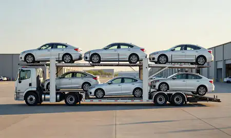 Car transporter parked in an industrial area of Blackfoot, Idaho, United States